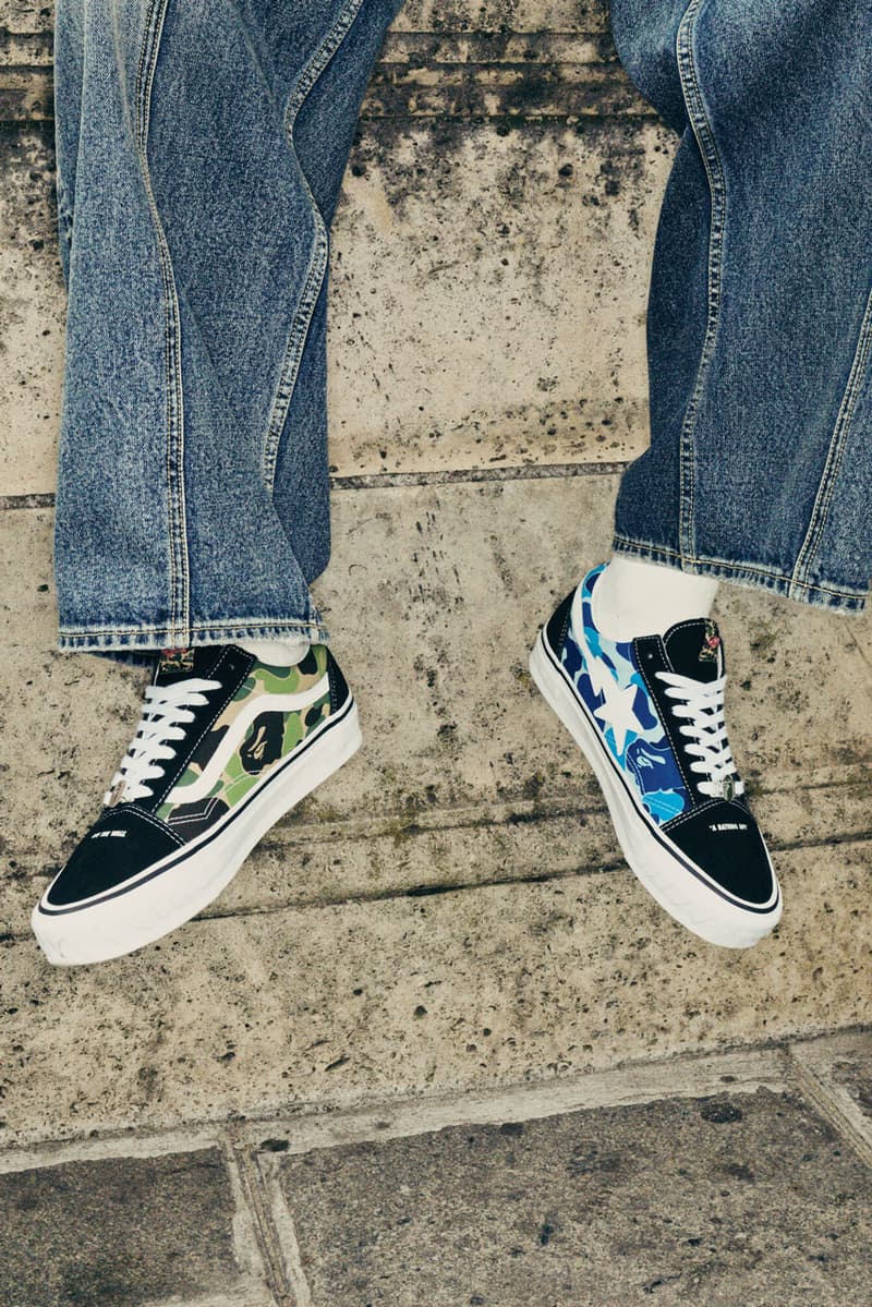 Vans x Bape Rework the Old Skool and Sk8-Mid sneaker footwear model link purchase sta star skate shoe school quarter upper charm shoelace colorway pink blue camo camoflauge green shark ape head a bathing ape sidestripe 