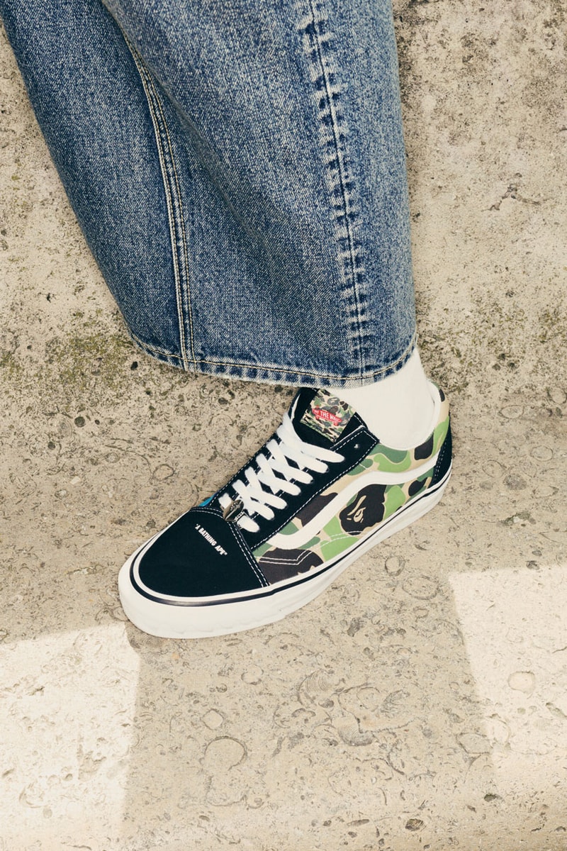 Vans x Bape Rework the Old Skool and Sk8-Mid sneaker footwear model link purchase sta star skate shoe school quarter upper charm shoelace colorway pink blue camo camoflauge green shark ape head a bathing ape sidestripe