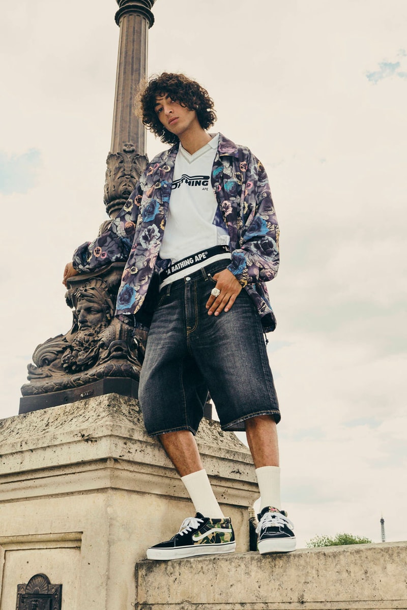 Vans x Bape Rework the Old Skool and Sk8-Mid sneaker footwear model link purchase sta star skate shoe school quarter upper charm shoelace colorway pink blue camo camoflauge green shark ape head a bathing ape sidestripe