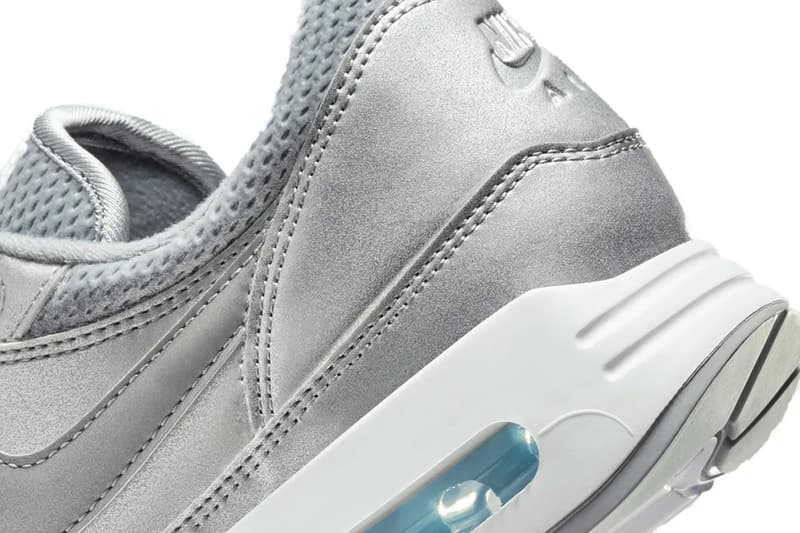 Official Look at the Nike Air Max 1 '86 in "Metallic Silver" Cool Grey/Light Smoke Grey-White-Metallic Silver FV7477-002 retro futuristic sneaker icy translucent sole swoosh air max day