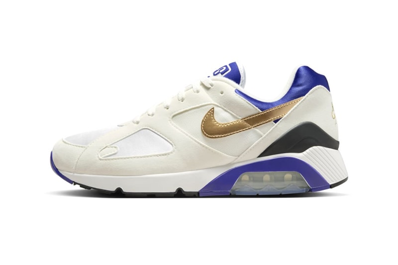 Official Look at the Nike Air Max 180 "Concord" FJ9259-101 Release Info sneakers shoes Summit White/Metallic Gold-Bright Concord ultramarine michael jordan brand 1992 barcelona olympics swoosh nike