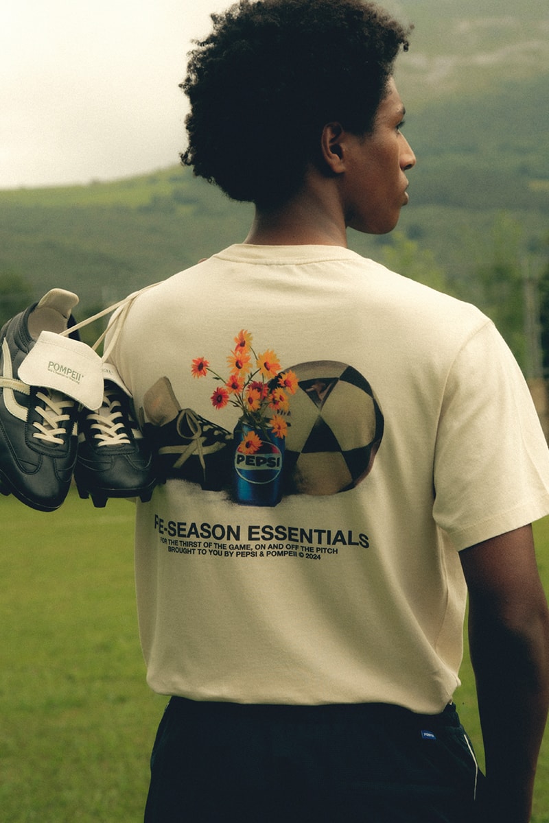 Pompeii x Pepsi football summer collection collaboration t-shirts jerseys windbreaker cap blue red white La Pretemporada