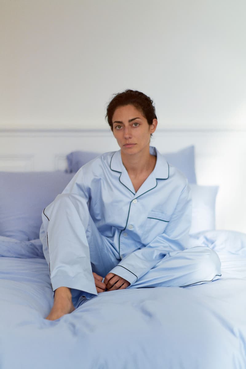 Tekla Uncovers Dreamy Sateen Collection sleepwear bedding thread count duvet cover pajamas link price fabrics copenhagen Charlie Hedin brand pants long sleeve shirt pillow sham blanket colorway solid striped silk organic cotton weave thread count 