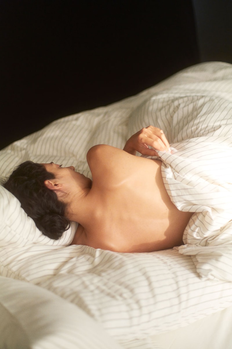 Tekla Uncovers Dreamy Sateen Collection sleepwear bedding thread count duvet cover pajamas link price fabrics copenhagen Charlie Hedin brand pants long sleeve shirt pillow sham blanket colorway solid striped silk organic cotton weave thread count 