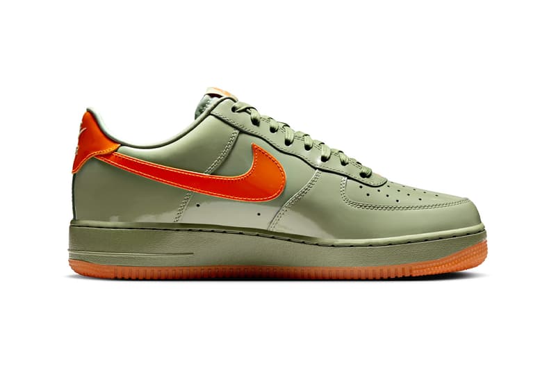 Nike Air Force 1 Low “Oil Green/Platinum Tint-Safety Orange” HJ9118-386 Release Info Swoosh logo patent leather