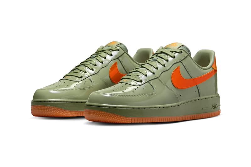 Nike Air Force 1 Low “Oil Green/Platinum Tint-Safety Orange” HJ9118-386 Release Info Swoosh logo patent leather