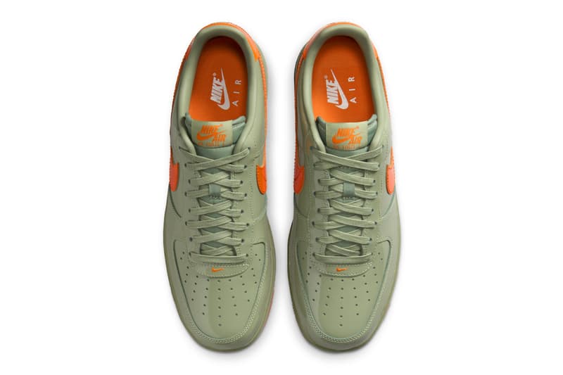 Nike Air Force 1 Low “Oil Green/Platinum Tint-Safety Orange” HJ9118-386 Release Info Swoosh logo patent leather