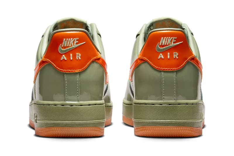 Nike Air Force 1 Low “Oil Green/Platinum Tint-Safety Orange” HJ9118-386 Release Info Swoosh logo patent leather