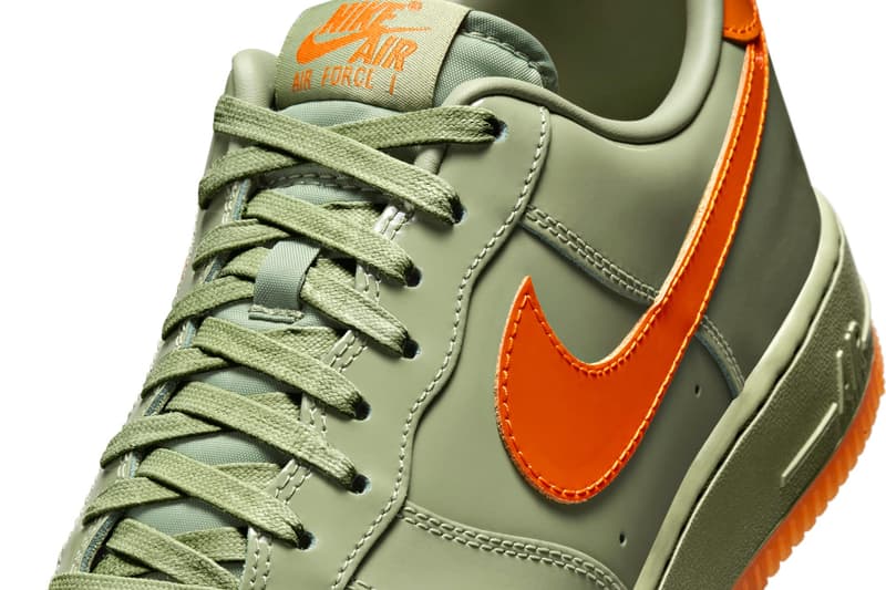 Nike Air Force 1 Low “Oil Green/Platinum Tint-Safety Orange” HJ9118-386 Release Info Swoosh logo patent leather