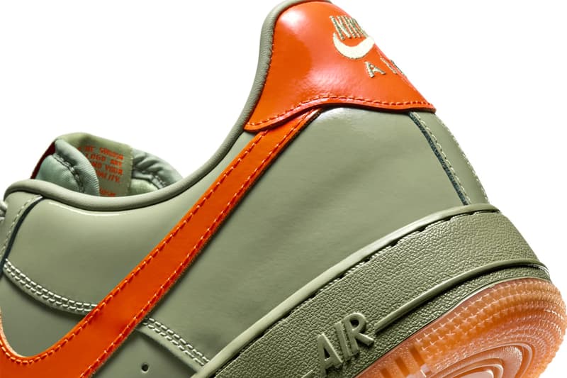 Nike Air Force 1 Low “Oil Green/Platinum Tint-Safety Orange” HJ9118-386 Release Info Swoosh logo patent leather