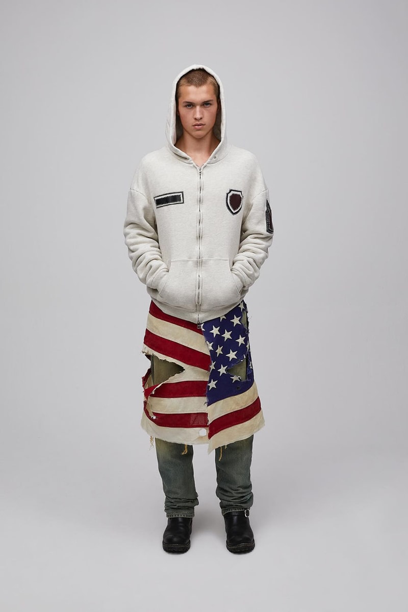 Luka Sabbat's Marking Distance Unveils First-Ever Collection spring summer 2025 capsule lookbook release info james pierce design drop price leather denim american flag collegiate hoodie shirt distressed 