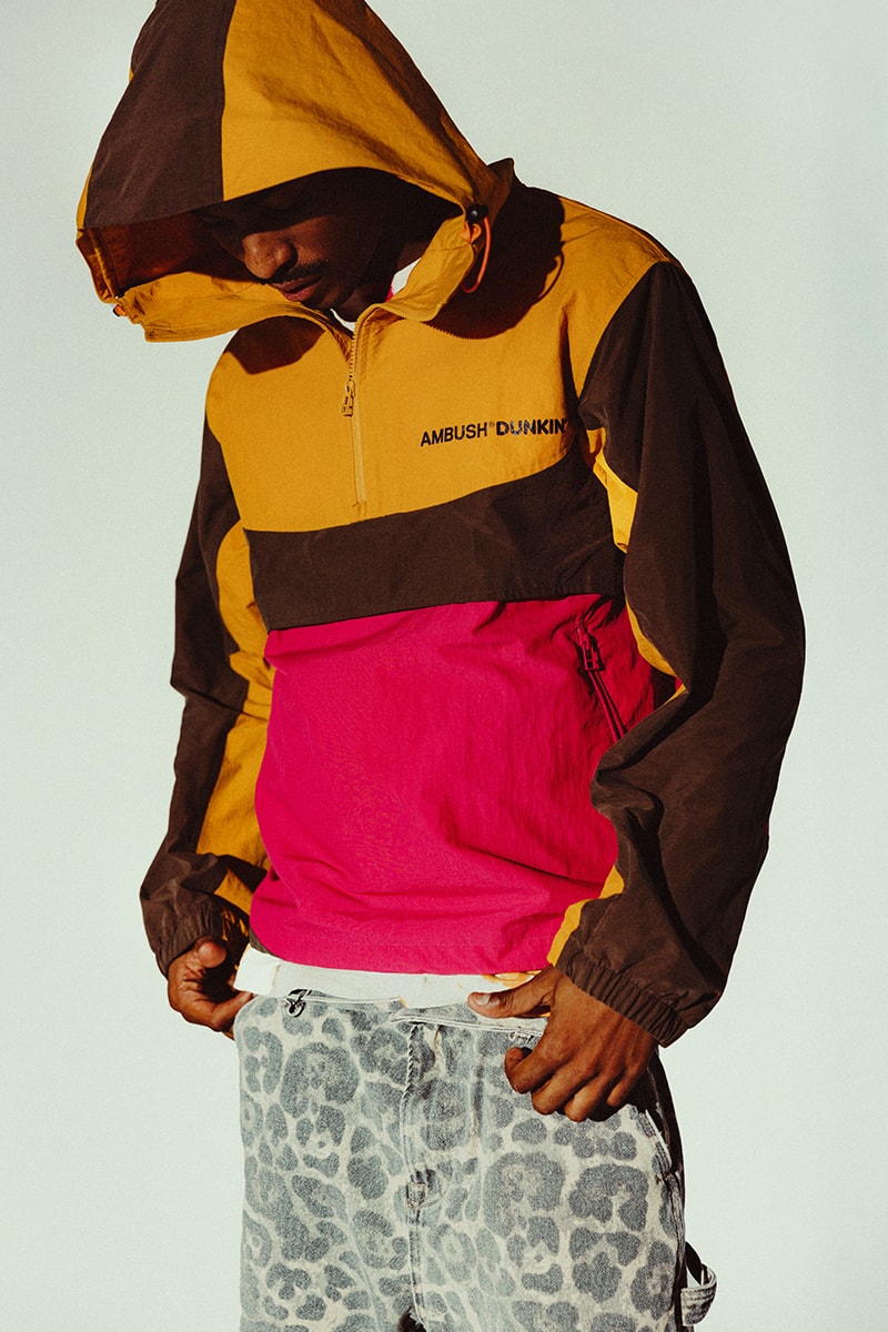 Dunkin' Teams up With Ambush for Exclusive Merch Drop yoon ahn dunkin'tern one of a kind limited edition windbreaker ti dye t-shirt tote bag dunkin chain 