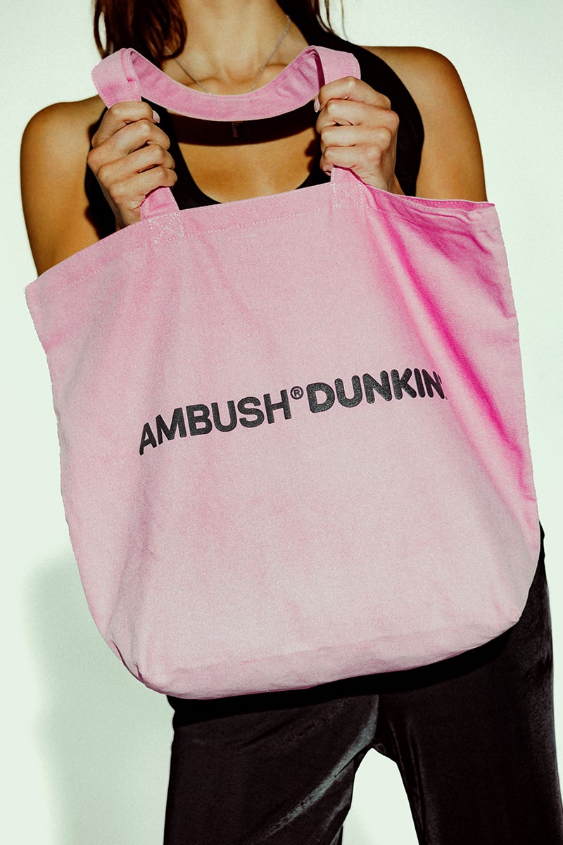 Dunkin' Teams up With Ambush for Exclusive Merch Drop yoon ahn dunkin'tern one of a kind limited edition windbreaker ti dye t-shirt tote bag dunkin chain 
