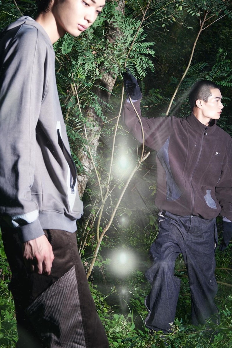 SAN SAN GEAR Serves Up Striking "pivot/node" FW24 Collection release info fashion apparel label capsule lookbook fall winter jacket puffer shell nylon outerwear hoodie t shirt brand seoul