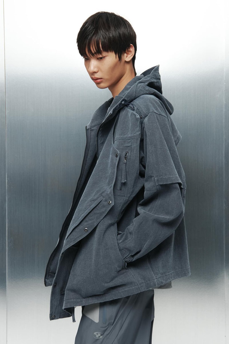 SAN SAN GEAR Serves Up Striking "pivot/node" FW24 Collection release info fashion apparel label capsule lookbook fall winter jacket puffer shell nylon outerwear hoodie t shirt brand seoul