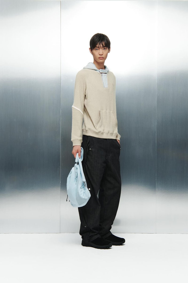 SAN SAN GEAR Serves Up Striking "pivot/node" FW24 Collection release info fashion apparel label capsule lookbook fall winter jacket puffer shell nylon outerwear hoodie t shirt brand seoul