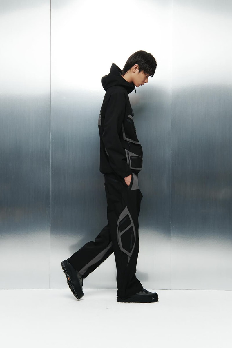SAN SAN GEAR Serves Up Striking "pivot/node" FW24 Collection release info fashion apparel label capsule lookbook fall winter jacket puffer shell nylon outerwear hoodie t shirt brand seoul