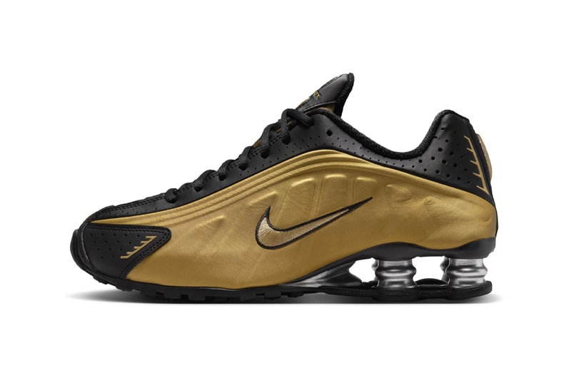 Official Look at the Nike Shox R4 "Black/Metallic Gold" AR3565-005 Black/Metallic Gold-Metallic Silver release info futuristic shoe swoosh