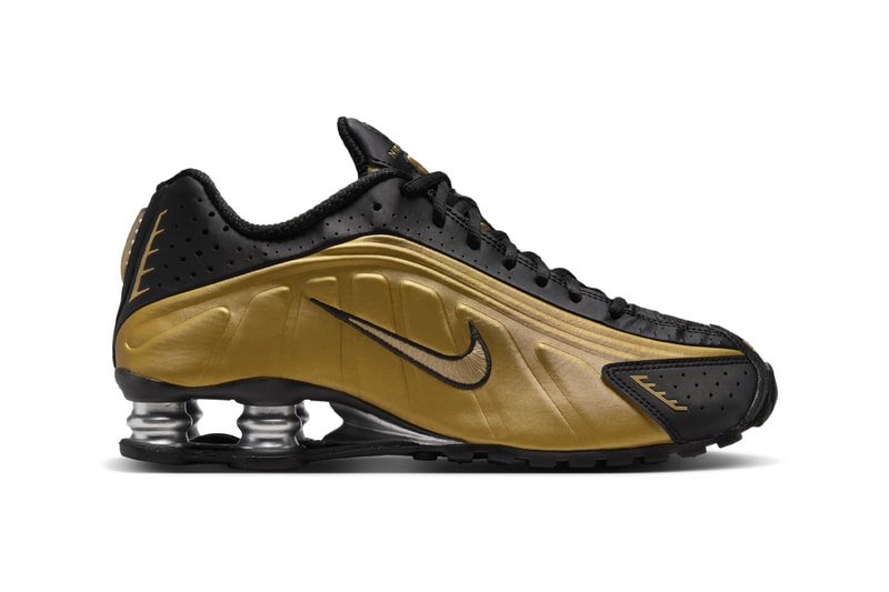 Official Look at the Nike Shox R4 "Black/Metallic Gold" AR3565-005 Black/Metallic Gold-Metallic Silver release info futuristic shoe swoosh