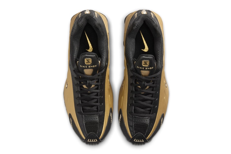 Official Look at the Nike Shox R4 "Black/Metallic Gold" AR3565-005 Black/Metallic Gold-Metallic Silver release info futuristic shoe swoosh