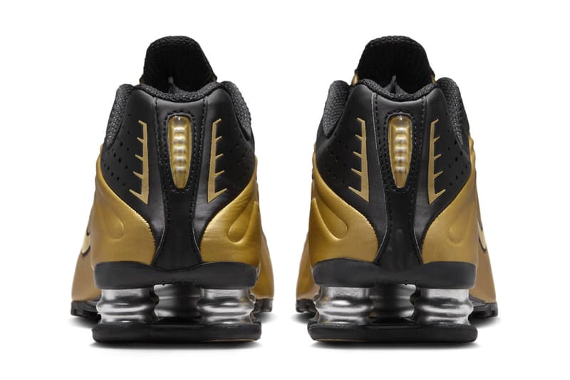 Official Look at the Nike Shox R4 "Black/Metallic Gold" AR3565-005 Black/Metallic Gold-Metallic Silver release info futuristic shoe swoosh