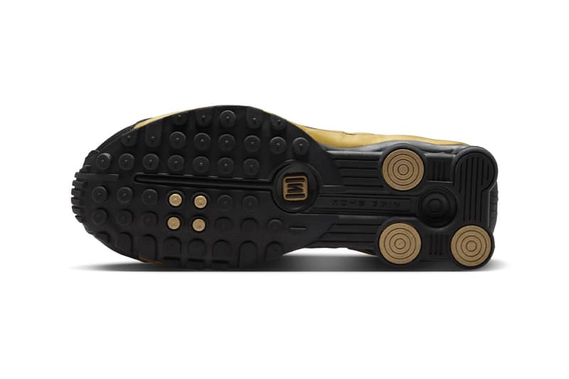 Official Look at the Nike Shox R4 "Black/Metallic Gold" AR3565-005 Black/Metallic Gold-Metallic Silver release info futuristic shoe swoosh