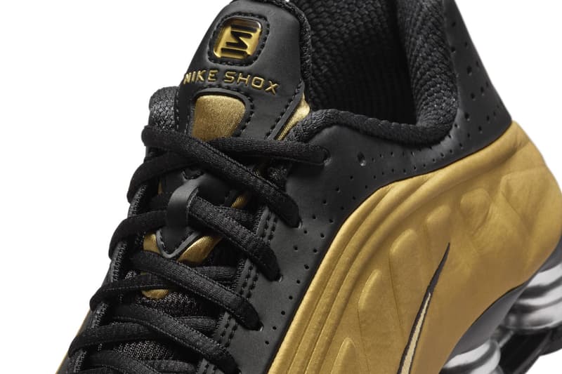 Official Look at the Nike Shox R4 "Black/Metallic Gold" AR3565-005 Black/Metallic Gold-Metallic Silver release info futuristic shoe swoosh