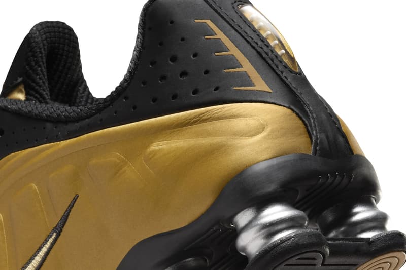 Official Look at the Nike Shox R4 "Black/Metallic Gold" AR3565-005 Black/Metallic Gold-Metallic Silver release info futuristic shoe swoosh