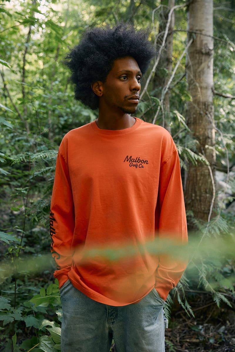 malbon golf fw 24 collection release date info cut through the conifers cardigan jacket long sleeve t shirt polo hat orange blue logo buckets