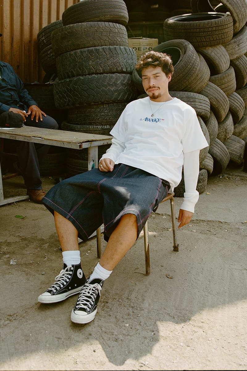 Awake NY Drops Latest Fall 2024 Levi's Capsule Collection collaboration overdye super baggy overdye type 1 trucker jacket contrast stitch jort t-shirt