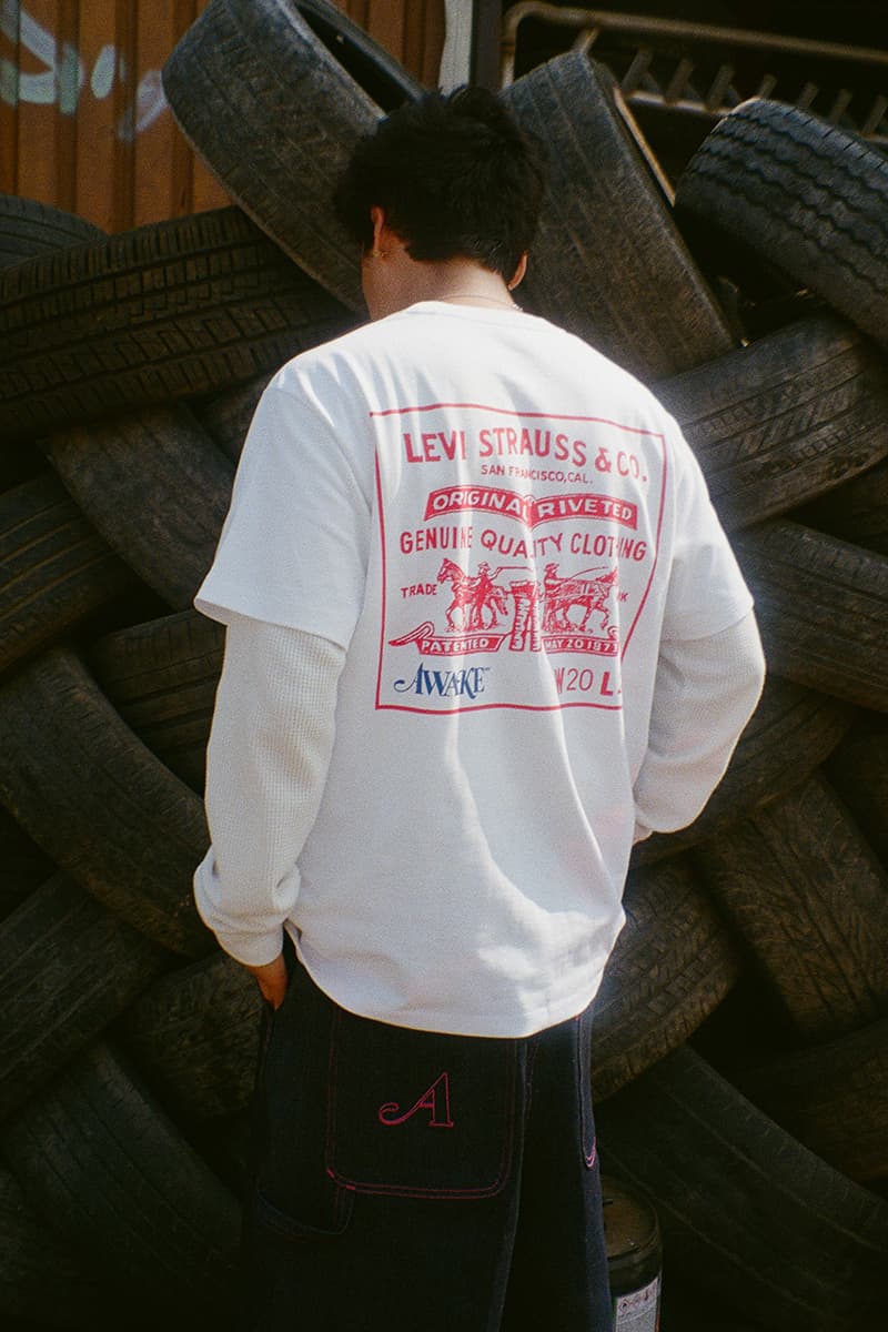 Awake NY Drops Latest Fall 2024 Levi's Capsule Collection collaboration overdye super baggy overdye type 1 trucker jacket contrast stitch jort t-shirt