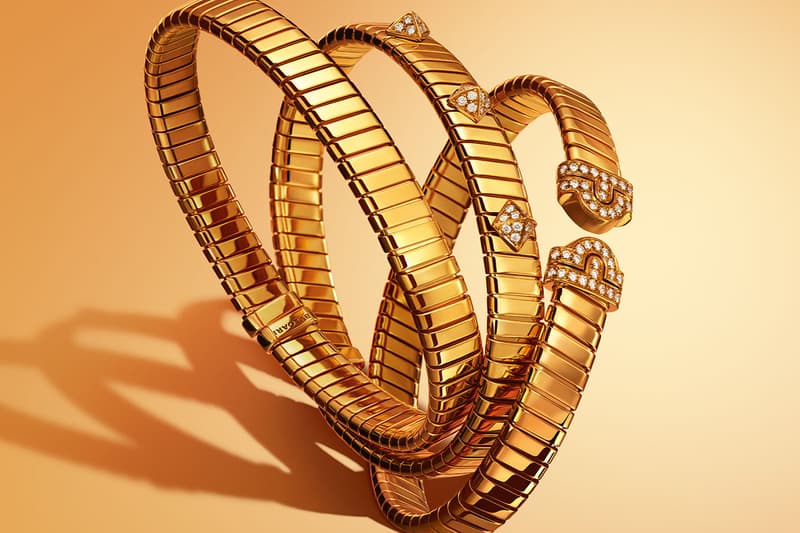Bvlgari Tubogas коллекция высокого ювелирного искусства из желтого золота высокая мода аксессуары драгоценные камни драгоценные камни