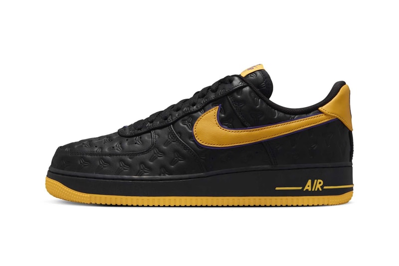 A New "Kobe Byrant" Nike Air Force 1 Low Has Surfaced af1 swoosh black mamba embossed leather lakers colorway gold purple HV5122-001 Black/Varsity Maize/Varsity Purple
