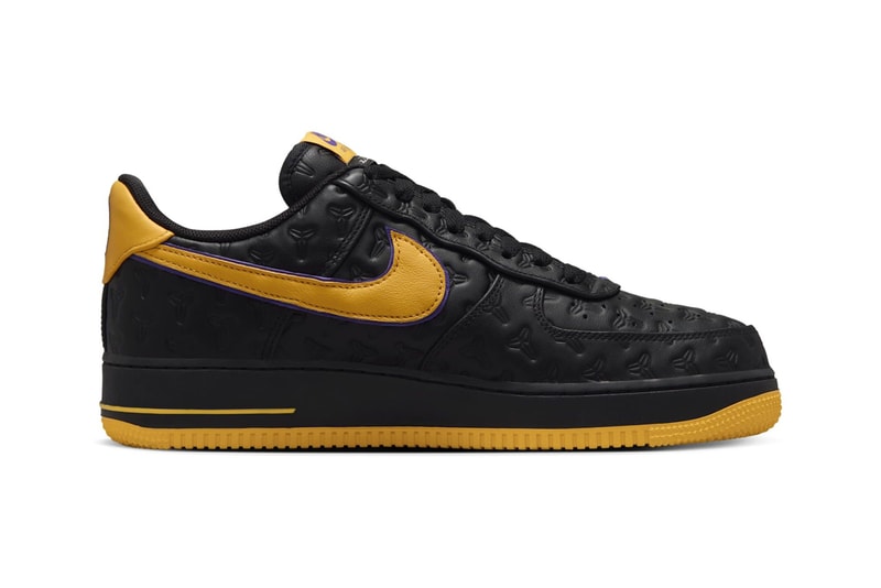 A New "Kobe Byrant" Nike Air Force 1 Low Has Surfaced af1 swoosh black mamba embossed leather lakers colorway gold purple HV5122-001 Black/Varsity Maize/Varsity Purple
