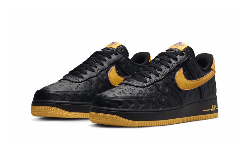 A New "Kobe Byrant" Nike Air Force 1 Low Has Surfaced af1 swoosh black mamba embossed leather lakers colorway gold purple HV5122-001 Black/Varsity Maize/Varsity Purple