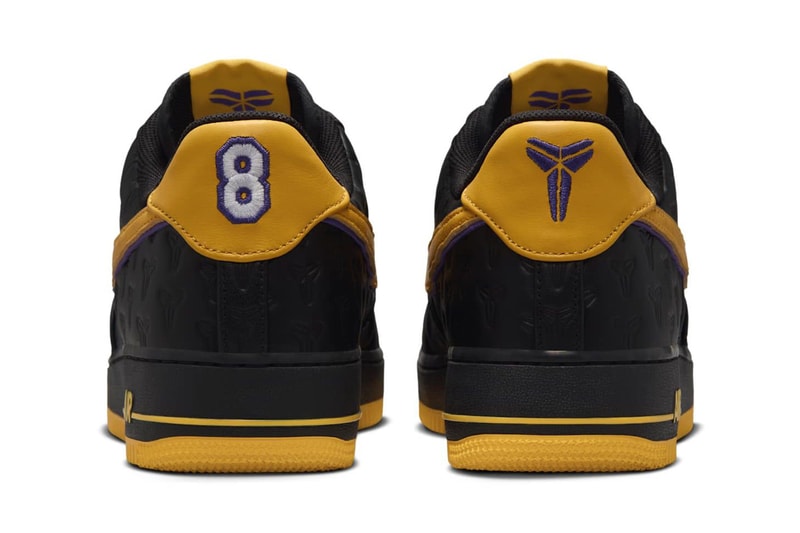 A New "Kobe Byrant" Nike Air Force 1 Low Has Surfaced af1 swoosh black mamba embossed leather lakers colorway gold purple HV5122-001 Black/Varsity Maize/Varsity Purple