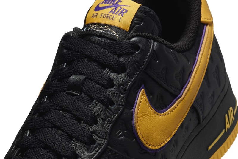 A New "Kobe Byrant" Nike Air Force 1 Low Has Surfaced af1 swoosh black mamba embossed leather lakers colorway gold purple HV5122-001 Black/Varsity Maize/Varsity Purple