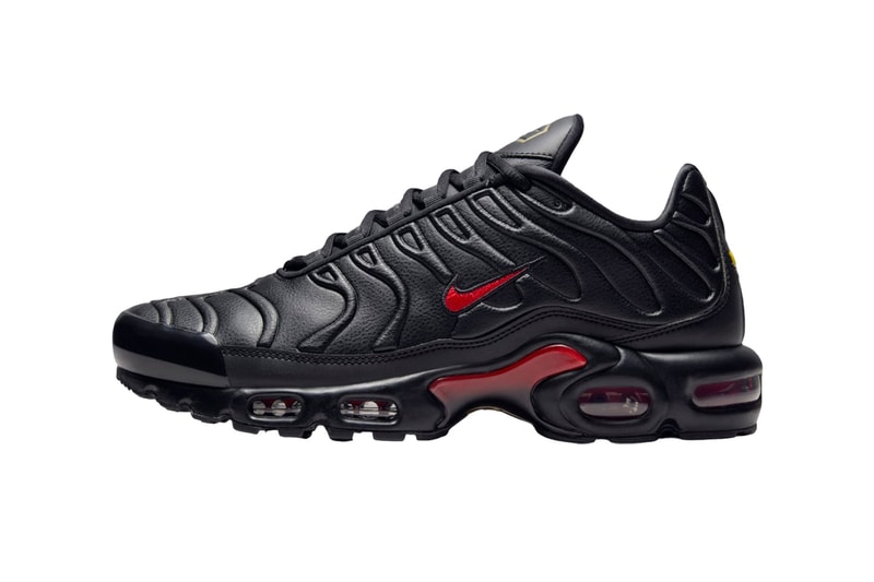 Official Images of the Nike Air Max Plus Leather "Bred"  FZ3038-001 Black/University Red-Metallic Gold release info swoosh