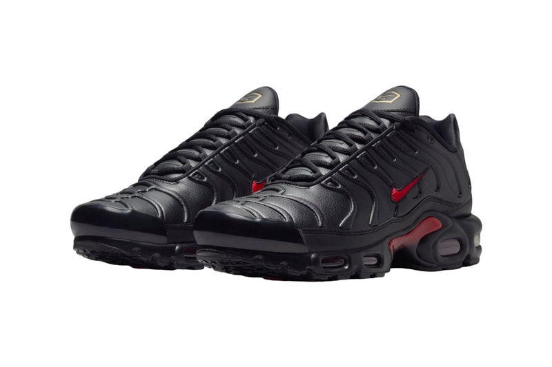 Official Images of the Nike Air Max Plus Leather "Bred"  FZ3038-001 Black/University Red-Metallic Gold release info swoosh