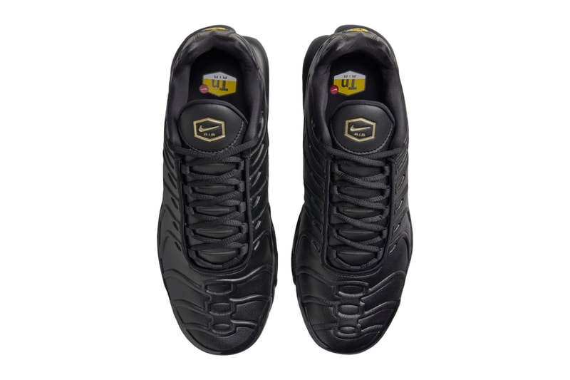Official Images of the Nike Air Max Plus Leather "Bred"  FZ3038-001 Black/University Red-Metallic Gold release info swoosh