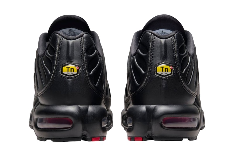 Official Images of the Nike Air Max Plus Leather "Bred"  FZ3038-001 Black/University Red-Metallic Gold release info swoosh