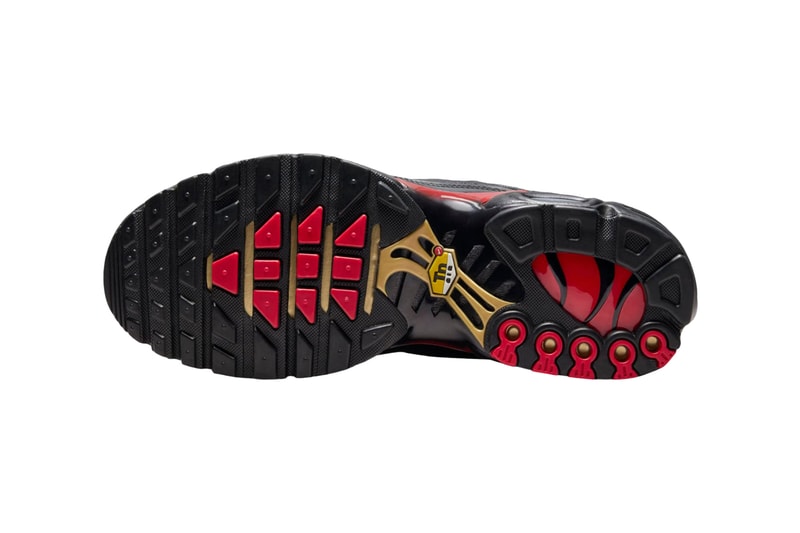 Official Images of the Nike Air Max Plus Leather "Bred"  FZ3038-001 Black/University Red-Metallic Gold release info swoosh