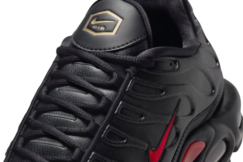 Official Images of the Nike Air Max Plus Leather "Bred"  FZ3038-001 Black/University Red-Metallic Gold release info swoosh