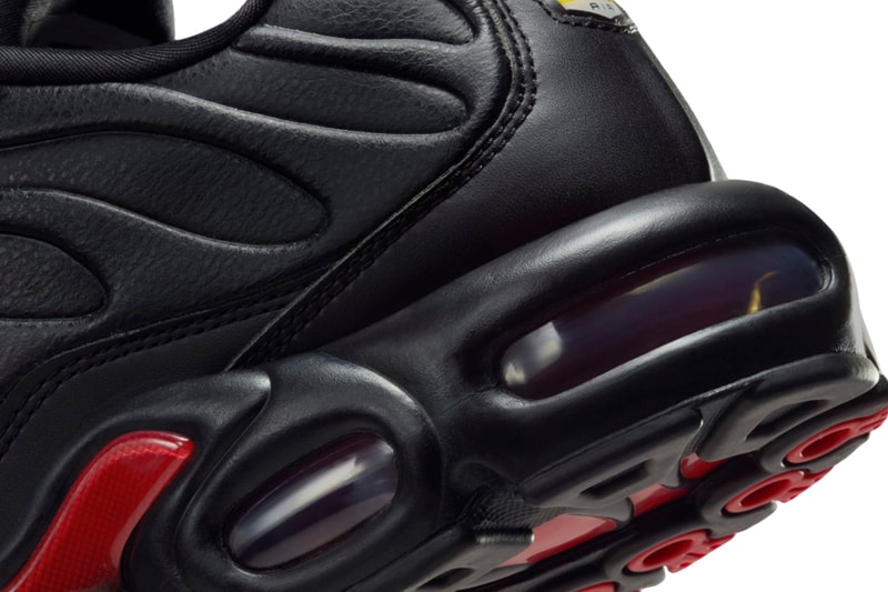 Official Images of the Nike Air Max Plus Leather "Bred"  FZ3038-001 Black/University Red-Metallic Gold release info swoosh