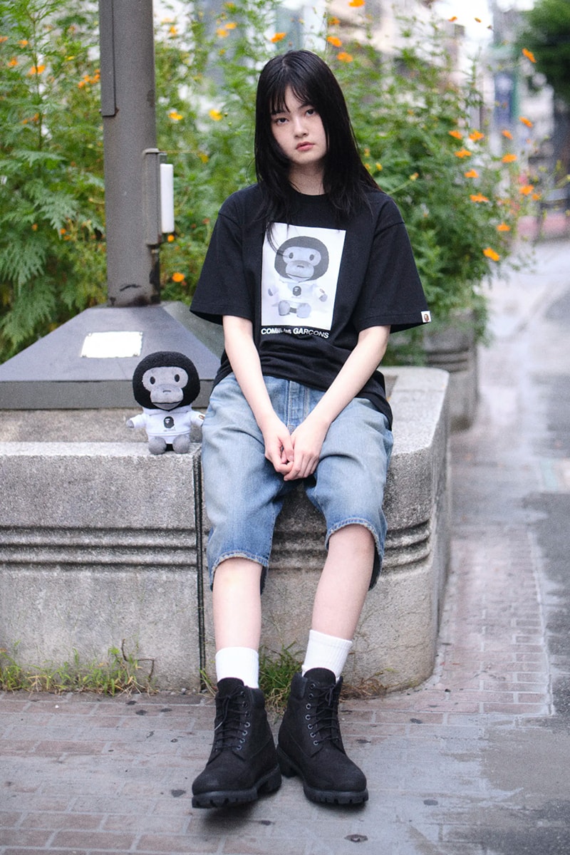 Bape x Comme Des Garçons New Capsule Collection T-shirts long-sleeve tees pullover hoodies crew neck sweatshirts denim pants stuffed animals Cowichan knits knit caps BABY MILO® stuffed animal