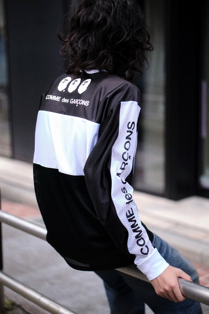 Bape x Comme Des Garçons New Capsule Collection T-shirts long-sleeve tees pullover hoodies crew neck sweatshirts denim pants stuffed animals Cowichan knits knit caps BABY MILO® stuffed animal