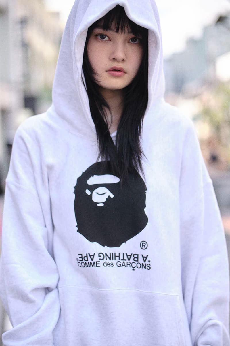 Bape x Comme Des Garçons New Capsule Collection T-shirts long-sleeve tees pullover hoodies crew neck sweatshirts denim pants stuffed animals Cowichan knits knit caps BABY MILO® stuffed animal