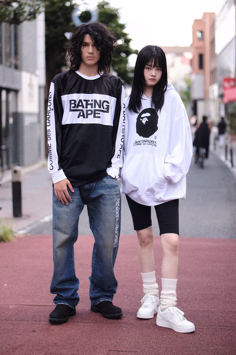 Bape x Comme Des Garçons New Capsule Collection T-shirts long-sleeve tees pullover hoodies crew neck sweatshirts denim pants stuffed animals Cowichan knits knit caps BABY MILO® stuffed animal