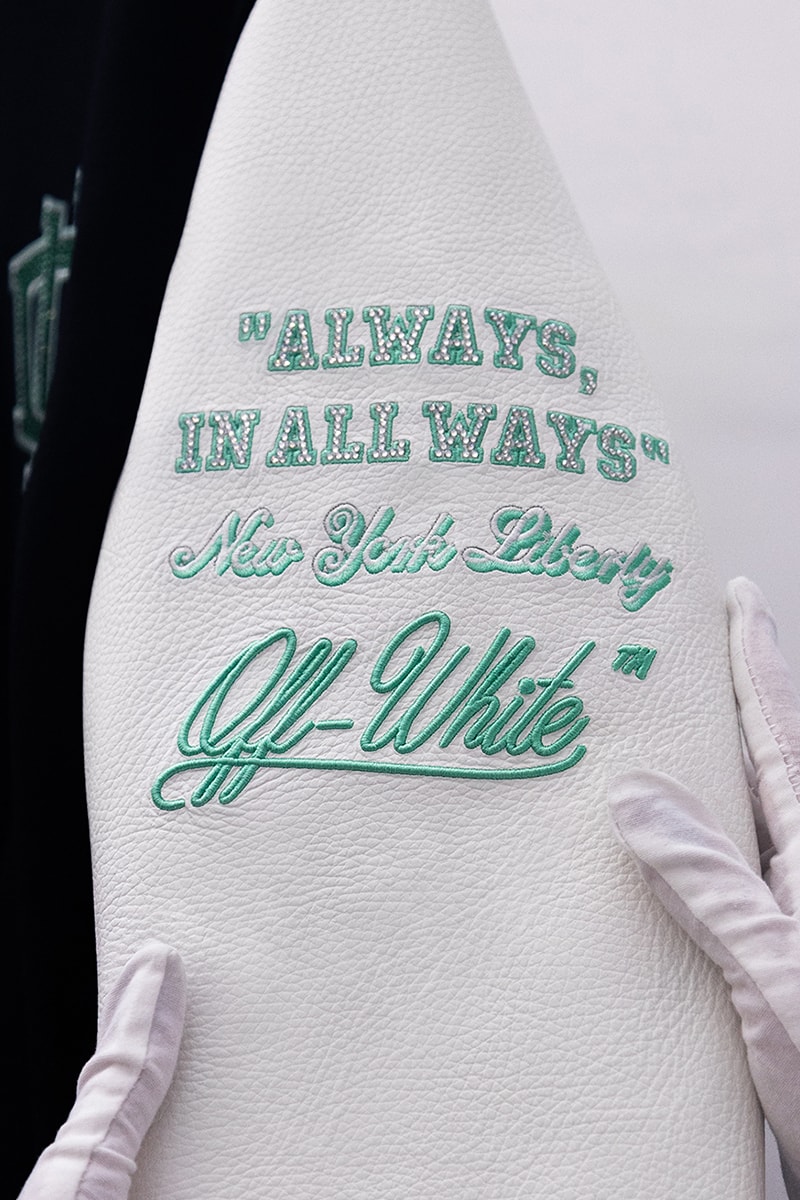 Off-White™ Announces Official Partnership With WNBA Team New York Liberty sabrina ionescu varsity jacket statue of liberty style culture curator womens basketball professional