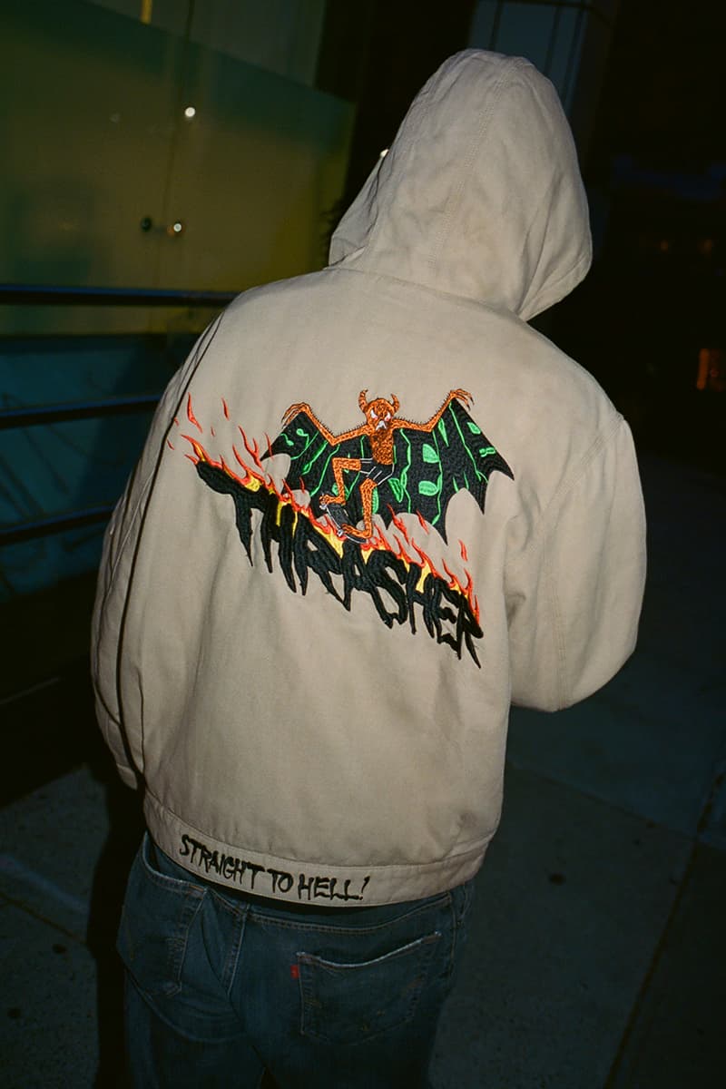 Supreme x Thrasher Fall 2024 Collaboration Work Jacket, Sweater, Hooded Sweatshirt, Crewneck, Sweatpant, three T-Shirts and two Beanies neck face johnny wilson neck face harold hunter skatewear skateboarding streetwear